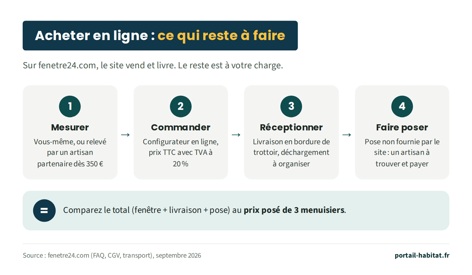 Schéma en quatre étapes pour acheter une fenêtre sur fenetre24.com. 1 : mesurer, vous-même ou avec un relevé par un artisan partenaire dès 350 euros. 2 : commander sur le configurateur, prix TTC avec TVA à 20 %. 3 : réceptionner la livraison en bordure de trottoir et organiser le déchargement. 4 : faire poser par un artisan à trouver et à payer, la pose n'étant pas fournie par le site. Résultat : comparez le total fenêtre, livraison et pose au prix posé de 3 menuisiers.