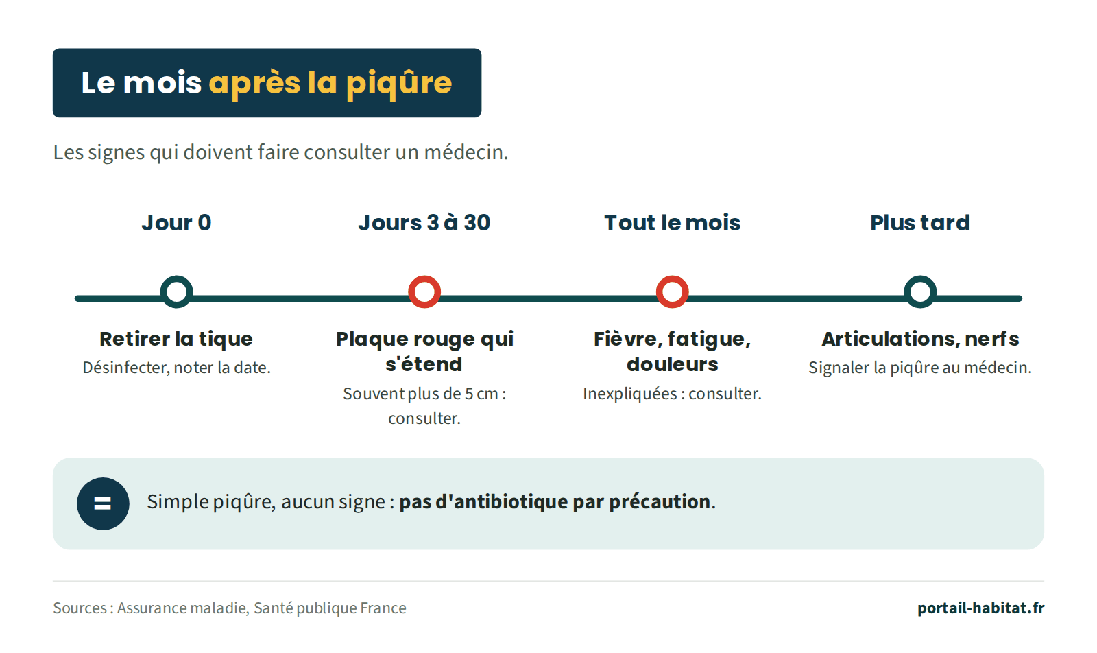 Frise : le mois qui suit une piqûre de tique. Jour 0 : retirer la tique, désinfecter, noter la date. Du 3e au 30e jour : une plaque rouge qui s'étend autour de la piqûre, souvent plus de 5 cm, impose de consulter. Pendant tout le mois : fièvre, fatigue ou douleurs inexpliquées, consulter. Plus tard : douleurs articulaires ou troubles neurologiques, signaler la piqûre au médecin. Après une simple piqûre, sans aucun signe, pas d'antibiotique par précaution.